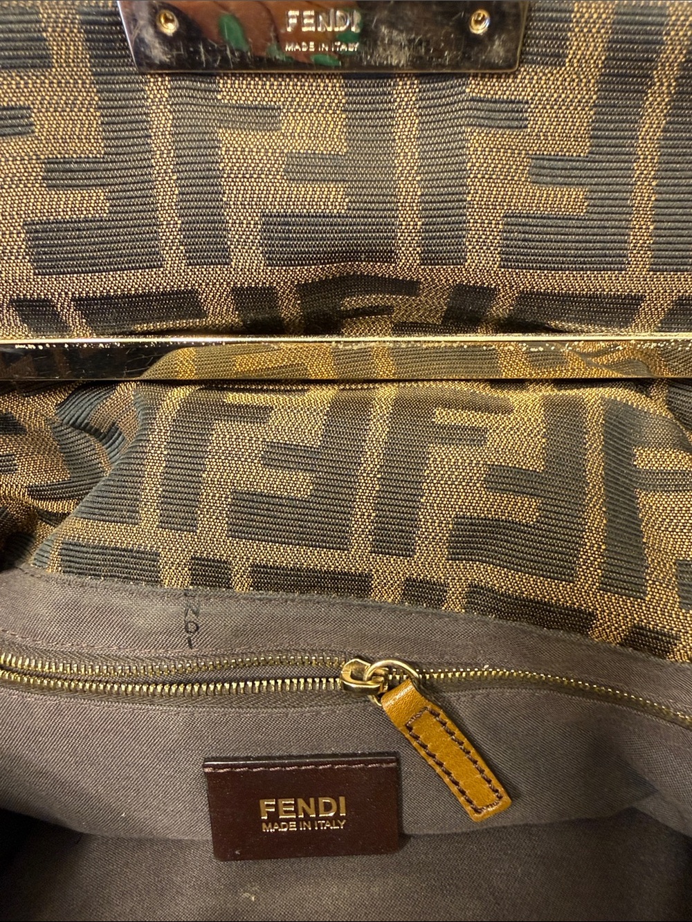 Fendi Brown Zucca FF-Logo Shoulder:Crossbody Bag with Tan Leather Trim - Picture 13 of 13